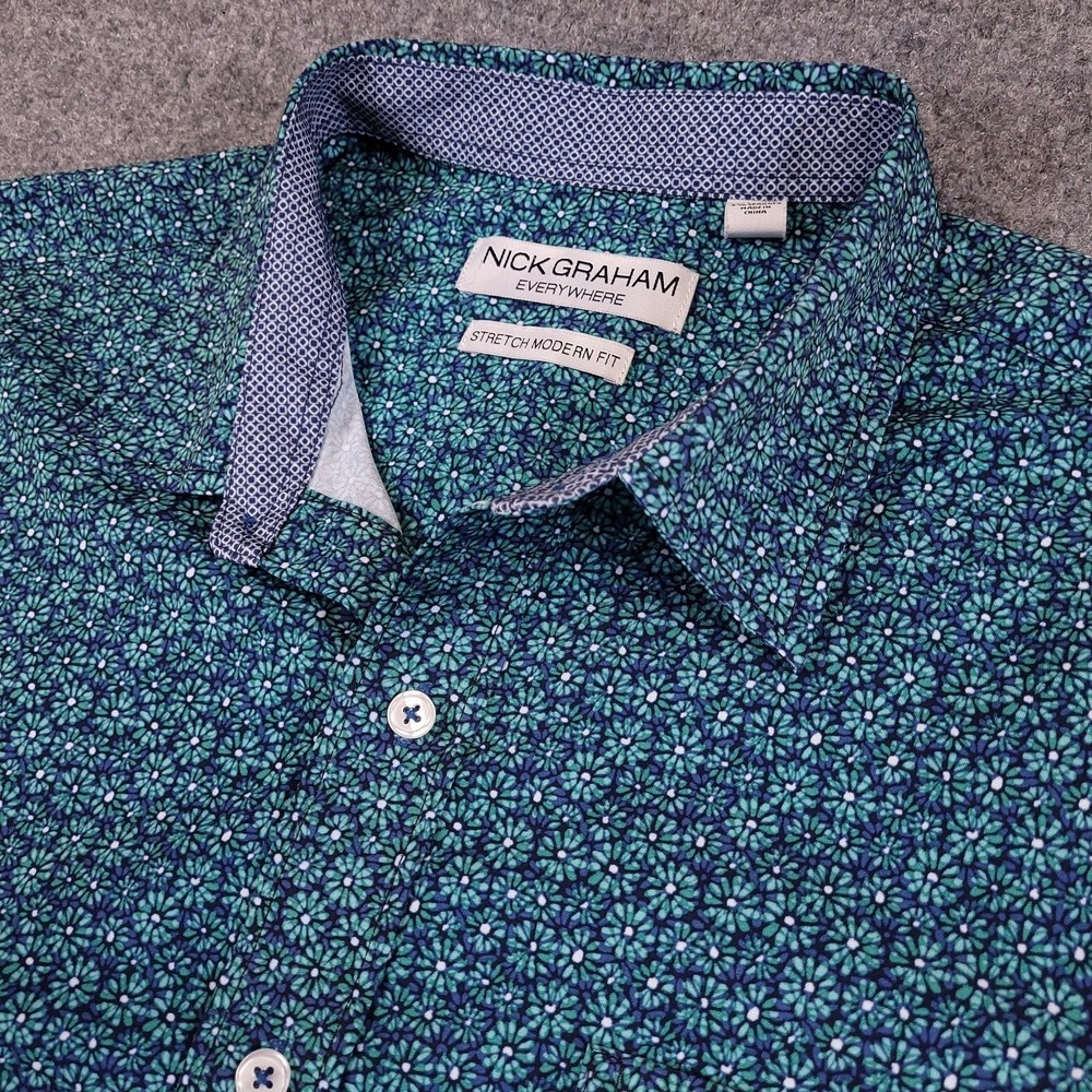 Nick Graham Casual Button Down Shirt Mens Blue Floral Stretch Modern Fit XL